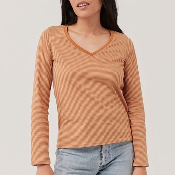 PACT Amber Pinstriped Softspun Organic Cotton Long Sleeve V-Neck Tee - Picture 1 of 9
